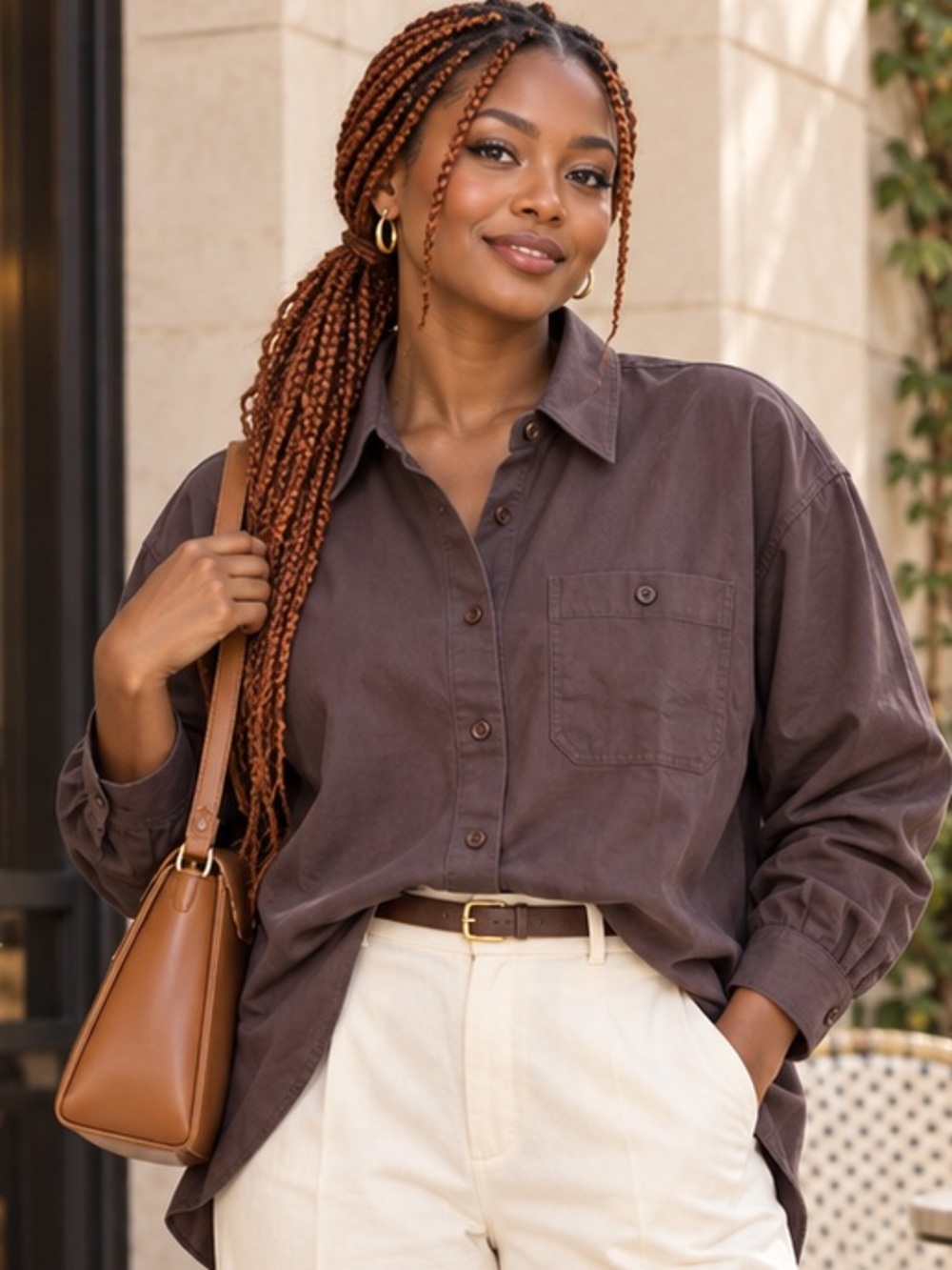 Something Navy Classic Oversized Brown Cotton Button-Up Shirt Medium